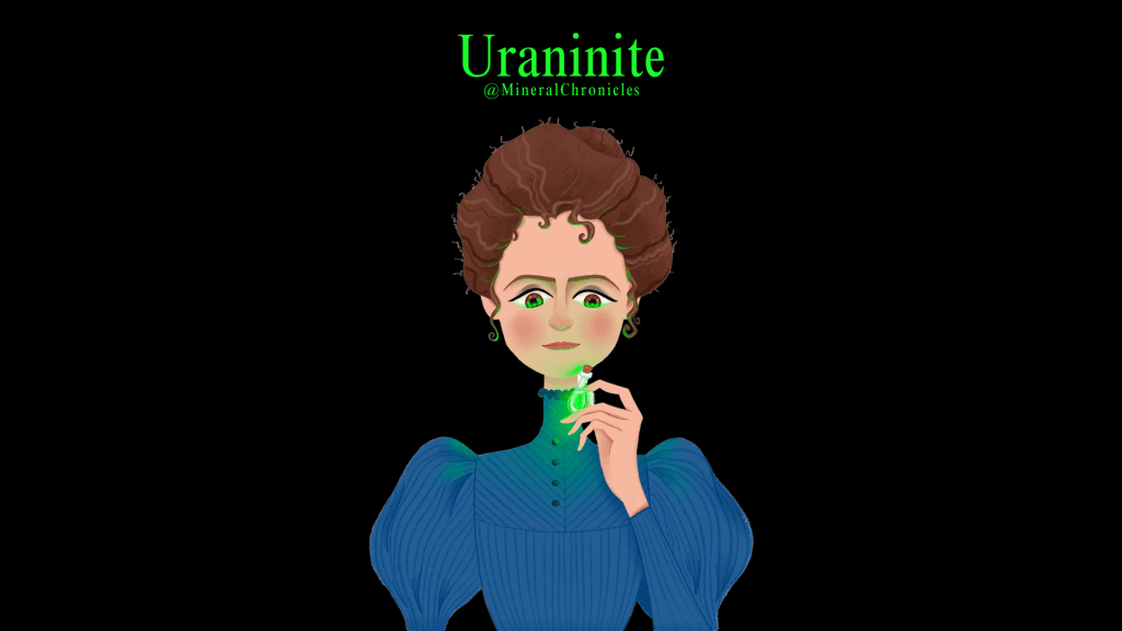 Illustration of Marie Curie holding a sample of radium chloride