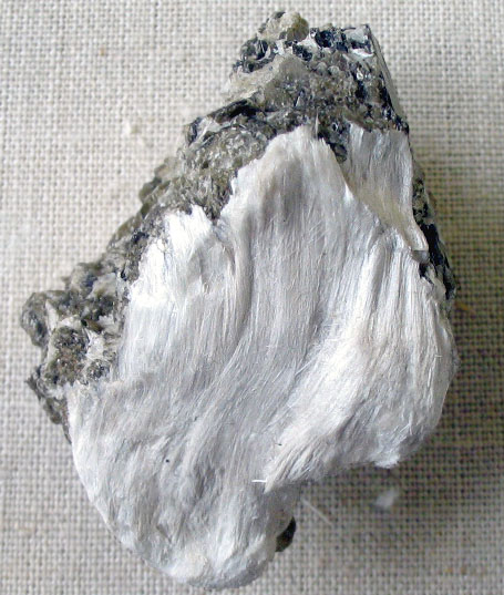 Raw fibrous Asbestos mineral showing its soft, needle-like texture.