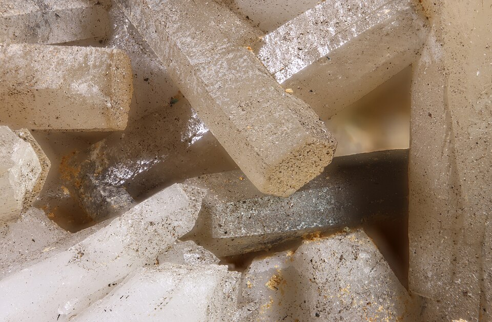 Transparent Cerussite crystals, a lead carbonate mineral.