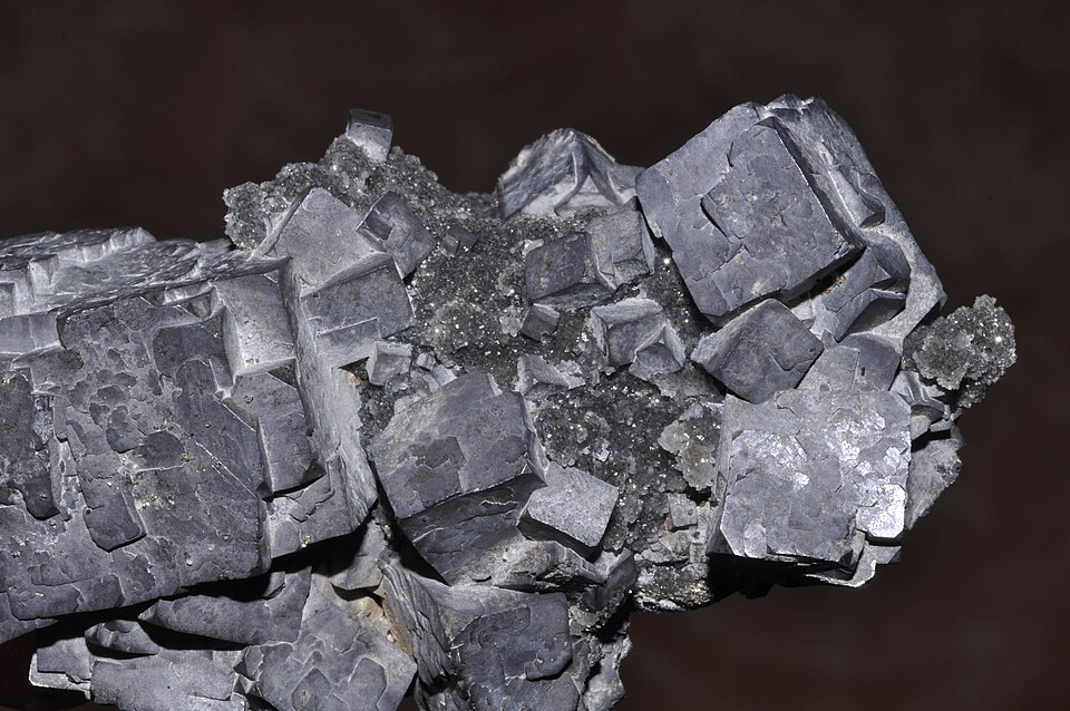 Metallic cubic Galena crystals, a primary ore of lead.