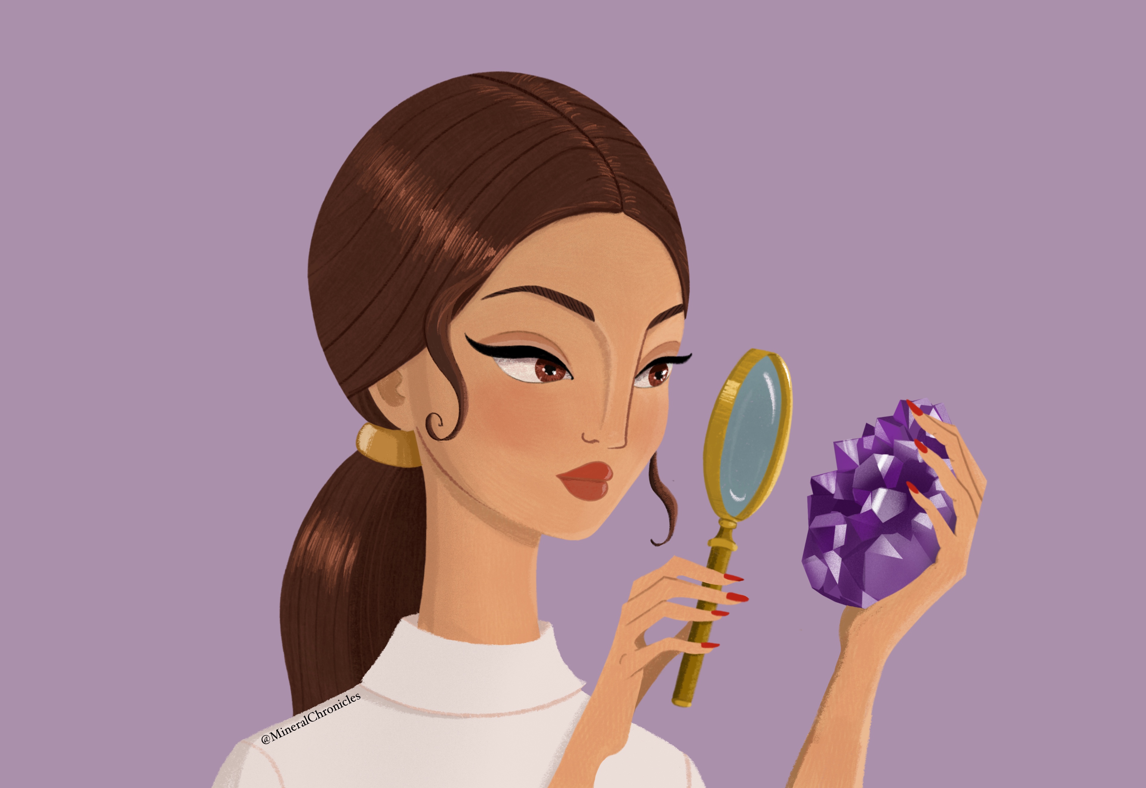 Illustration of a woman geologist holding a loupe to her eye, closely observing a raw amethyst mineral