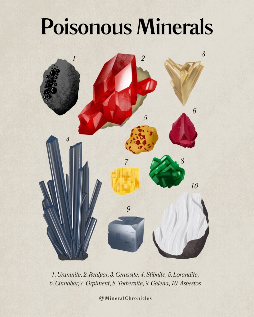 Write: A scientific illustration plate featuring 10 poisonous minerals: Uraninite, Realgar, Cerussite, Stibnite, Lorándite, Cinnabar, Orpiment, Torbernite, Galena, and Asbestos.