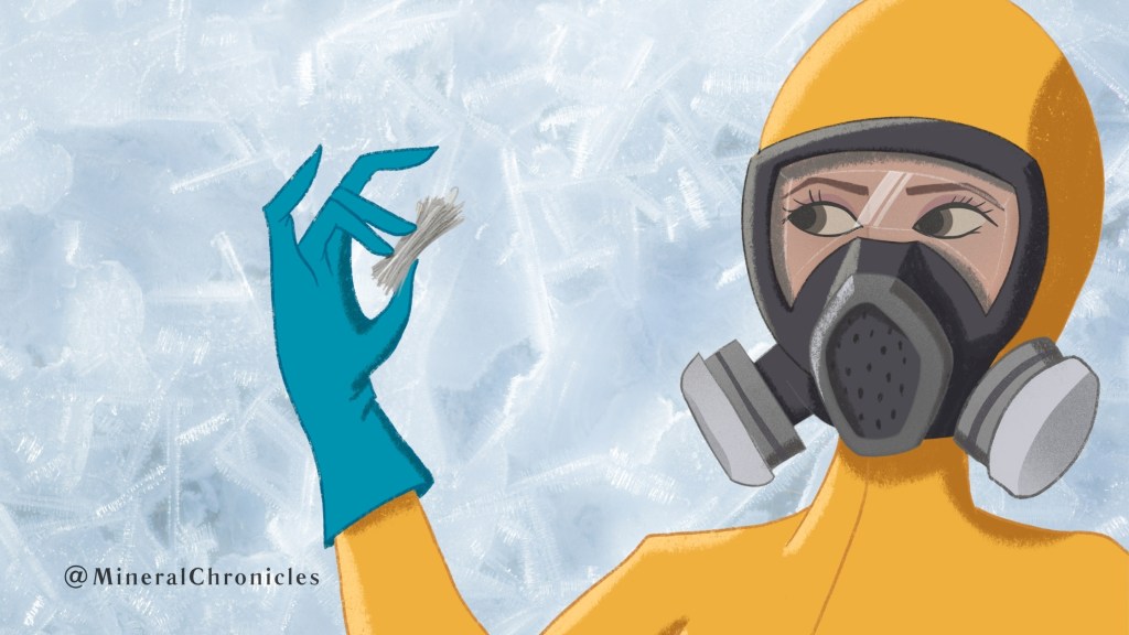 llustration of a woman in a yellow hazmat suit and respirator mask holding toxic asbestos fibers.