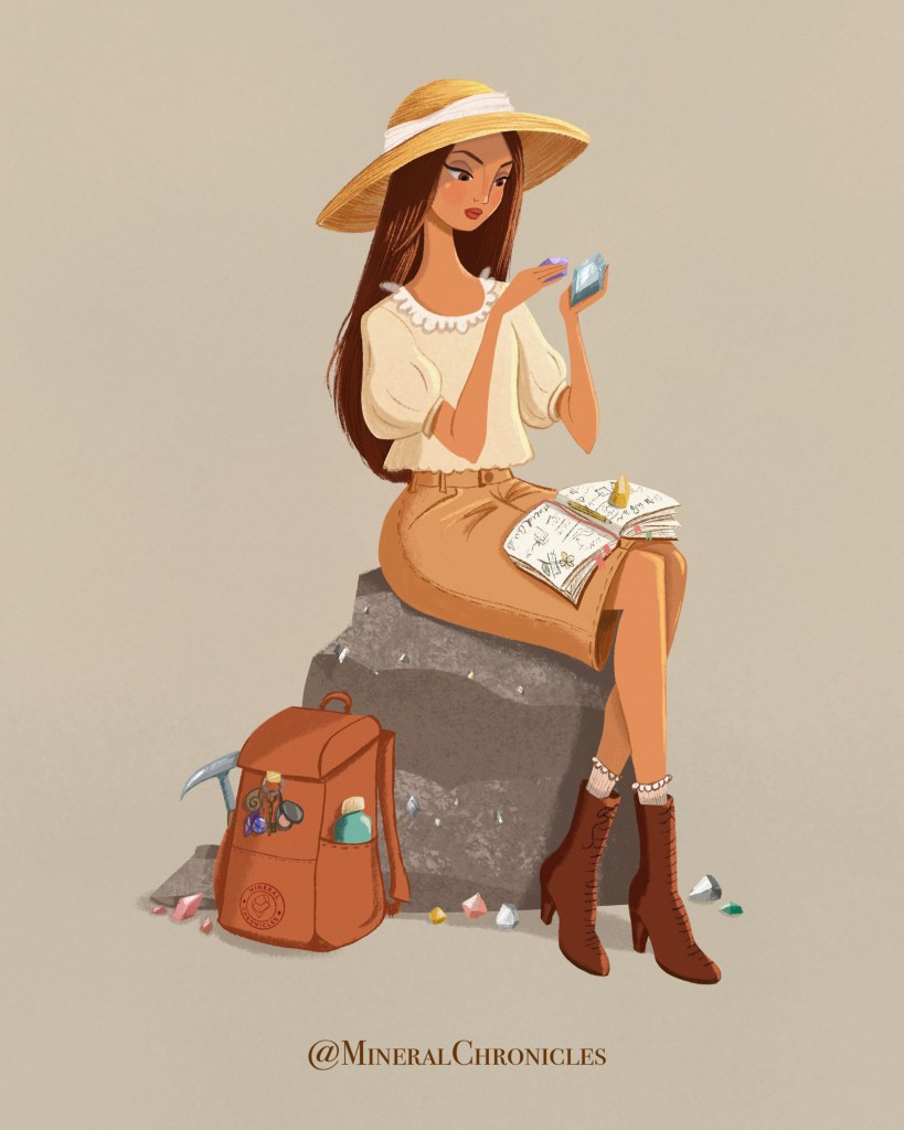 Illustration of a field geologist examining mineral specimens with Mohs hardness test kit